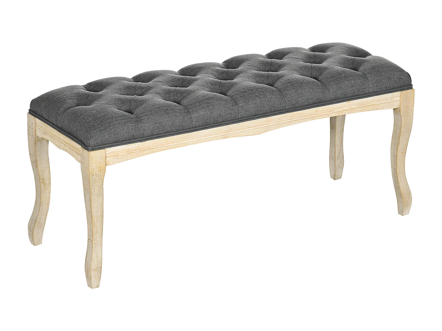 Banc banquette capitonnée style classique chic dim. 110L x 38l x 49H cm piètement bois hévéa sculpté lin gris