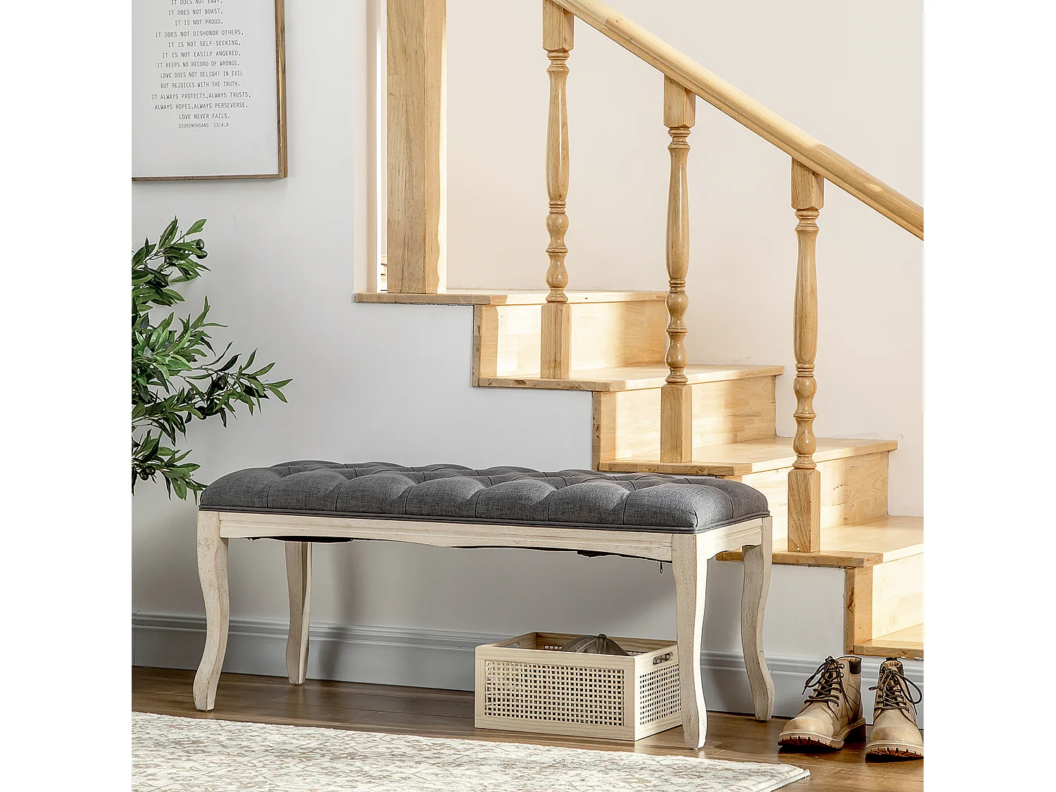 Banc banquette capitonnée style classique chic dim. 110L x 38l x 49H cm piètement bois hévéa sculpté lin gris