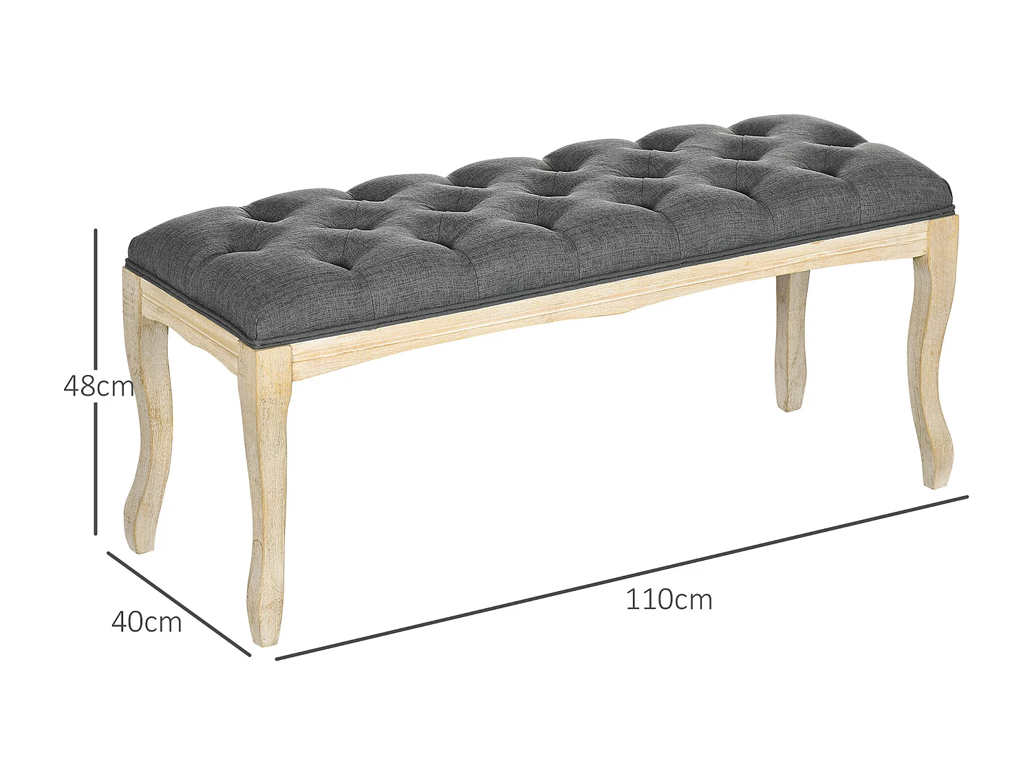 Banc banquette capitonnée style classique chic dim. 110L x 38l x 49H cm piètement bois hévéa sculpté lin gris