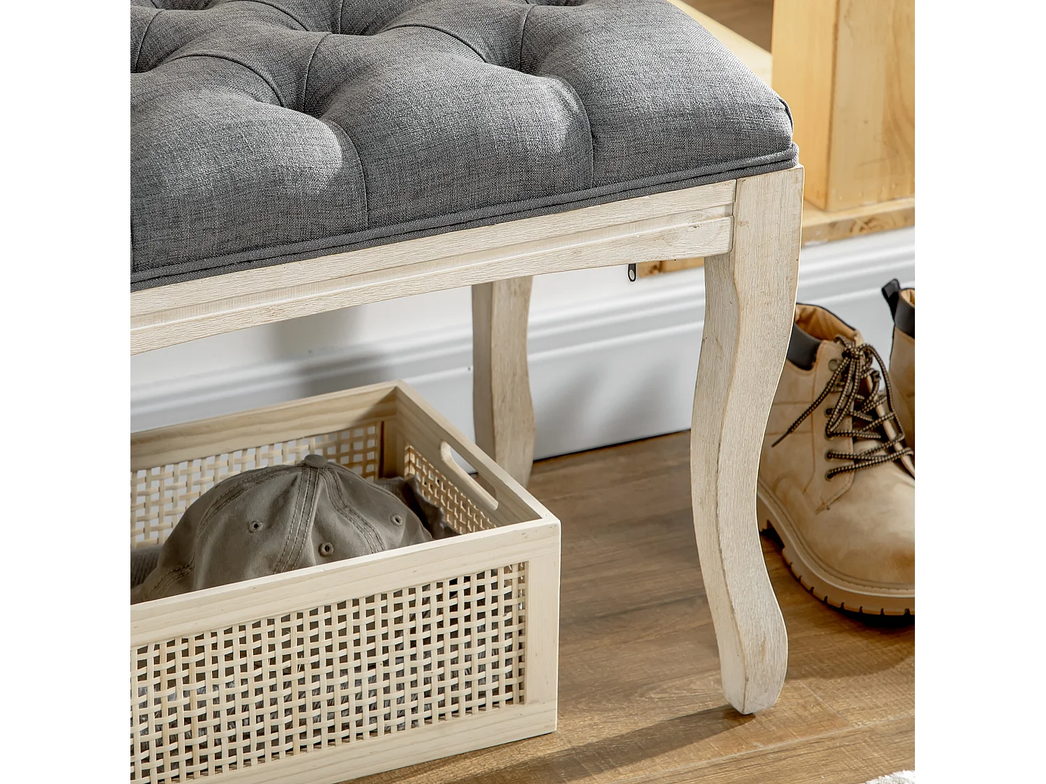 Banc banquette capitonnée style classique chic dim. 110L x 38l x 49H cm piètement bois hévéa sculpté lin gris