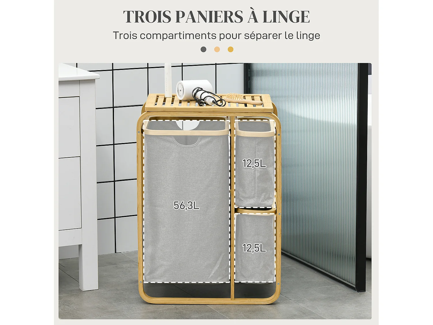 Panier à linge corbeille à linge bac linge sale 3 paniers amovibles bambou non-tissé gris