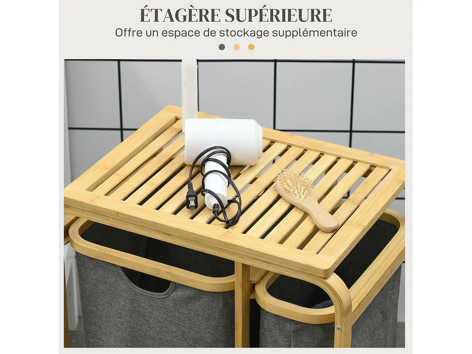 Panier à linge corbeille à linge bac linge sale 3 paniers amovibles bambou non-tissé gris