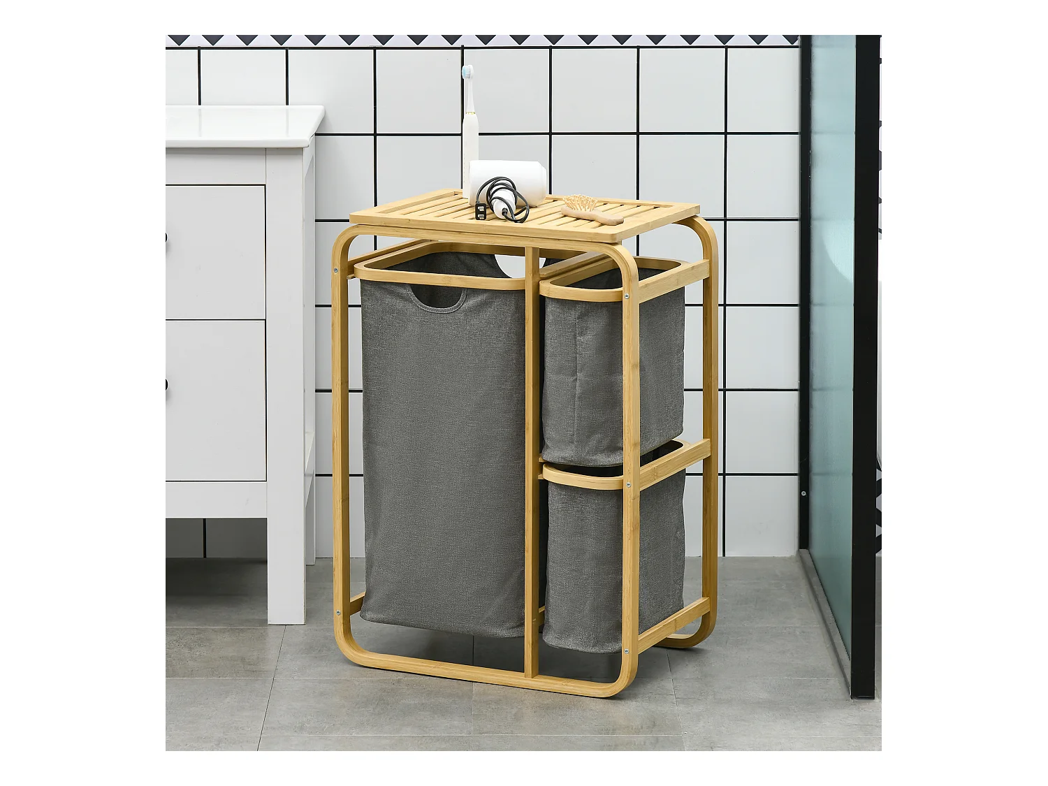 Panier à linge corbeille à linge bac linge sale 3 paniers amovibles bambou non-tissé gris
