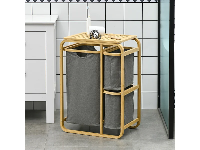 Panier à linge corbeille à linge bac linge sale 3 paniers amovibles bambou non-tissé gris