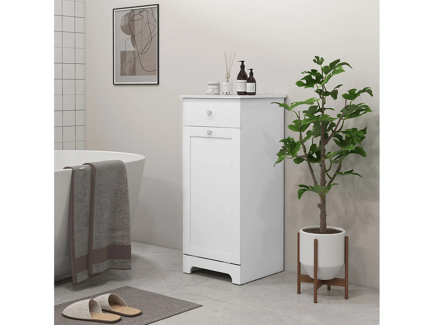 Meuble de salle de bain avec panier à linge, meuble de rangement avec tiroir - 40L x 40l x 90,5H cm - blanc