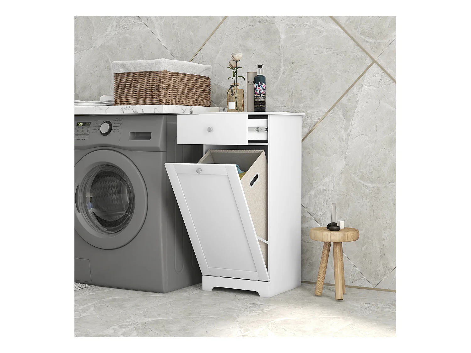 Meuble de salle de bain avec panier à linge, meuble de rangement avec tiroir - 40L x 40l x 90,5H cm - blanc