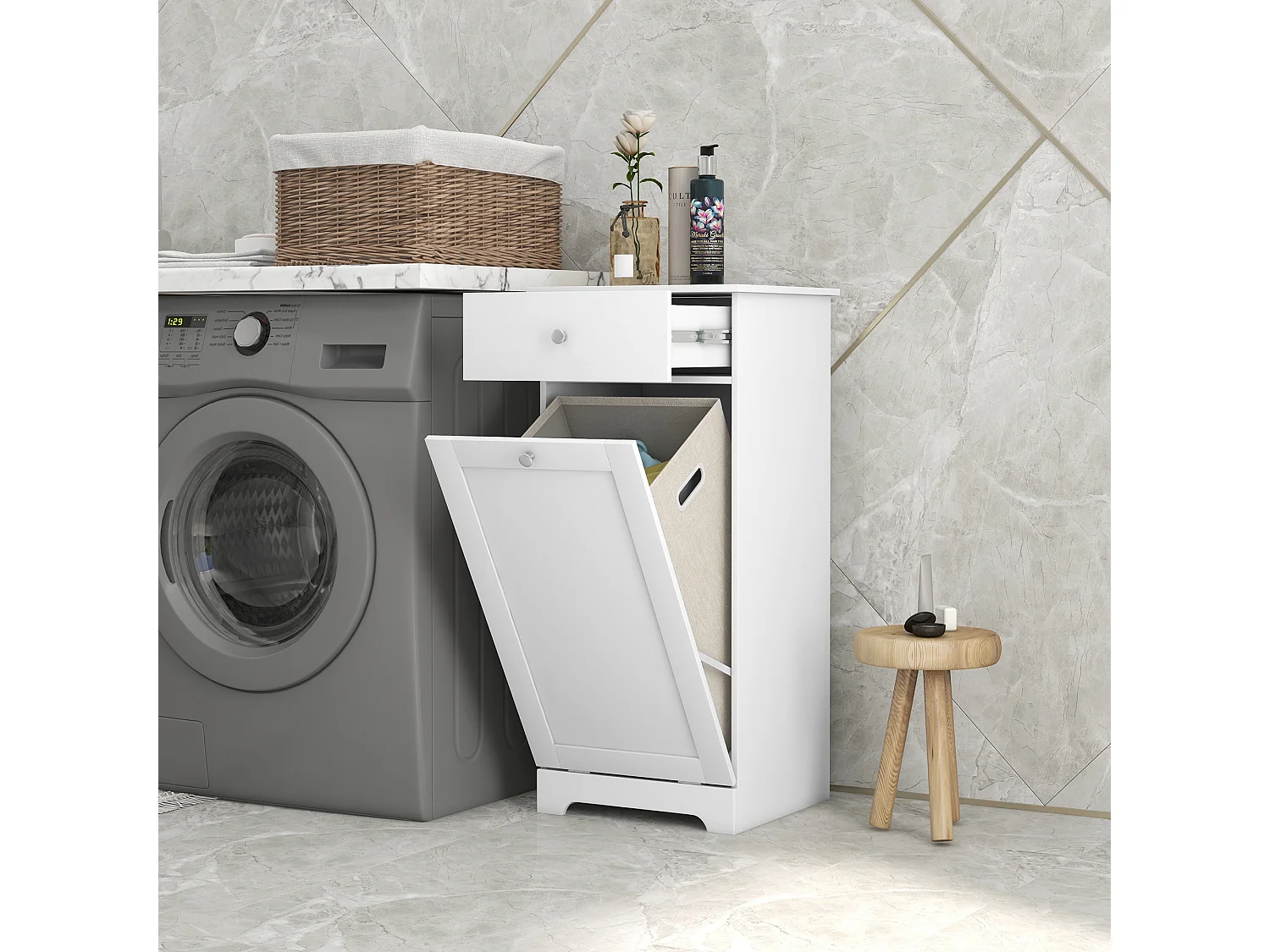 Meuble de salle de bain avec panier à linge, meuble de rangement avec tiroir - 40L x 40l x 90,5H cm - blanc