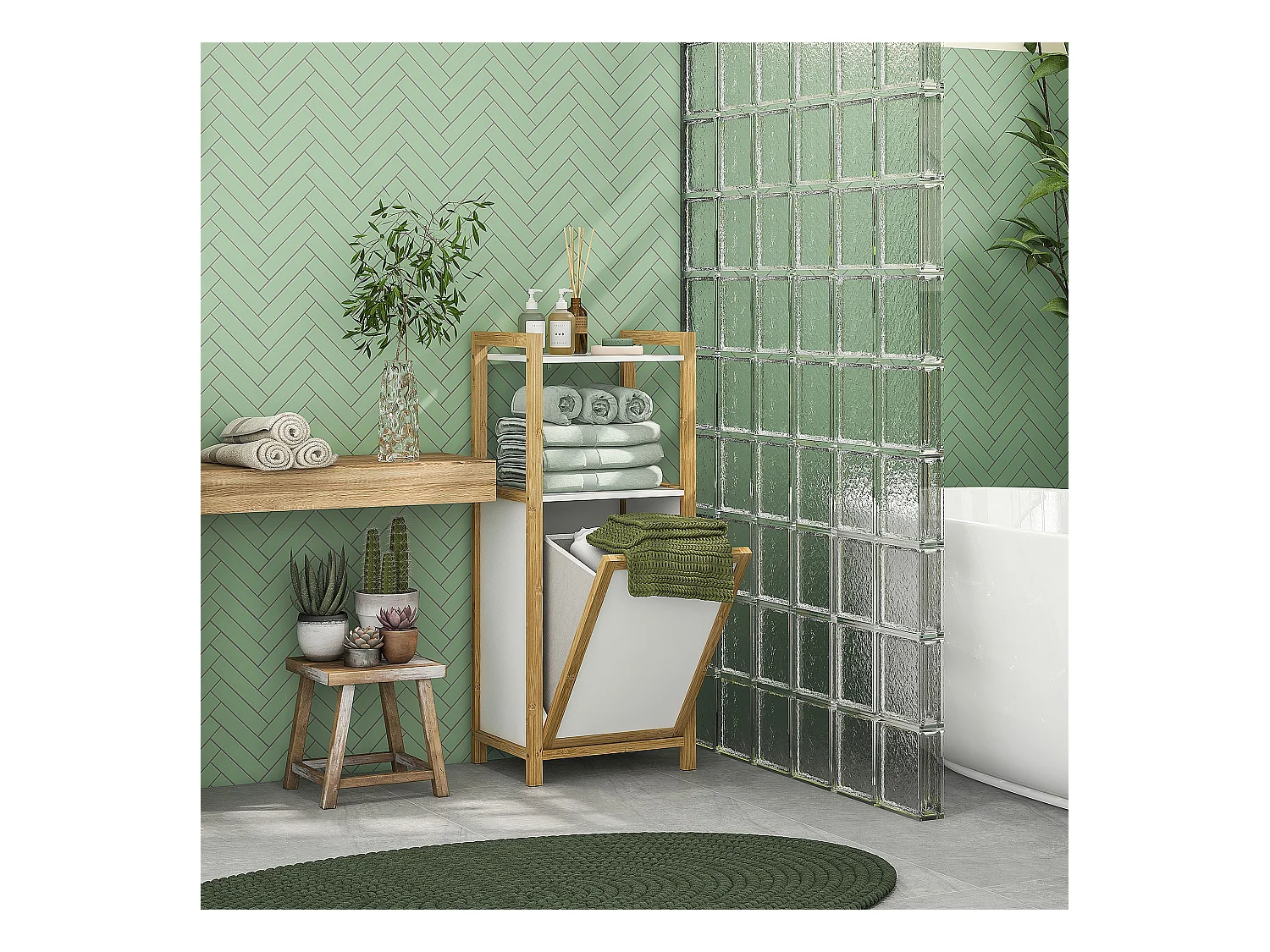 Meuble bas de salle de bain sur pied - 2 étagères, panier à linge - dim. 40L x 30l x 86,5H cm - bambou MDF blanc