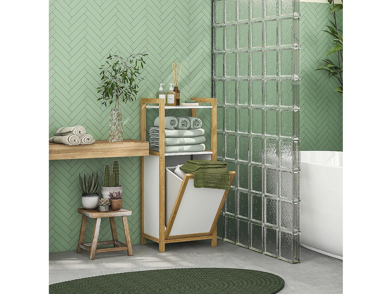 Meuble bas de salle de bain sur pied - 2 étagères, panier à linge - dim. 40L x 30l x 86,5H cm - bambou MDF blanc