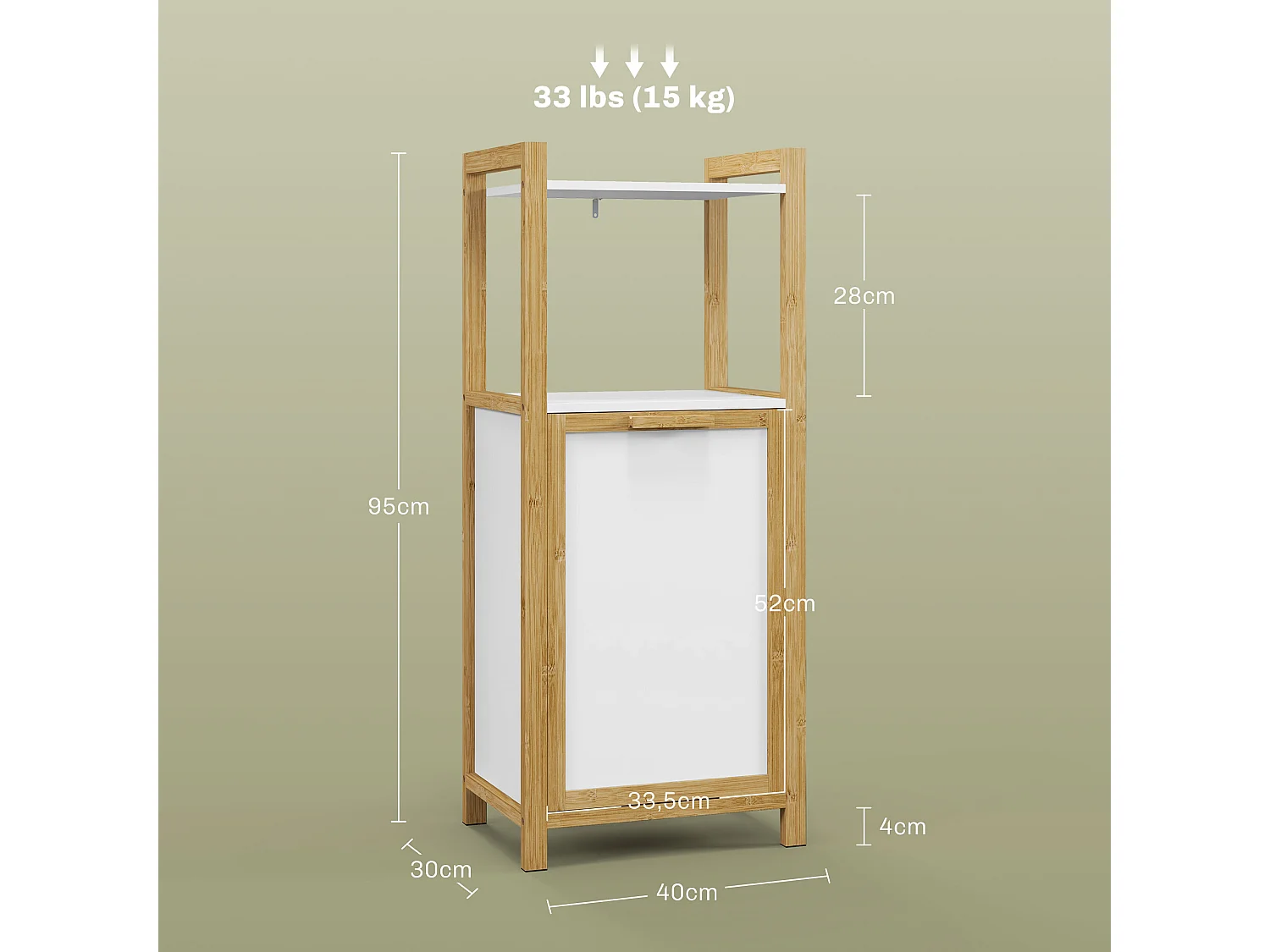 Meuble bas de salle de bain sur pied - 2 étagères, panier à linge - dim. 40L x 30l x 86,5H cm - bambou MDF blanc