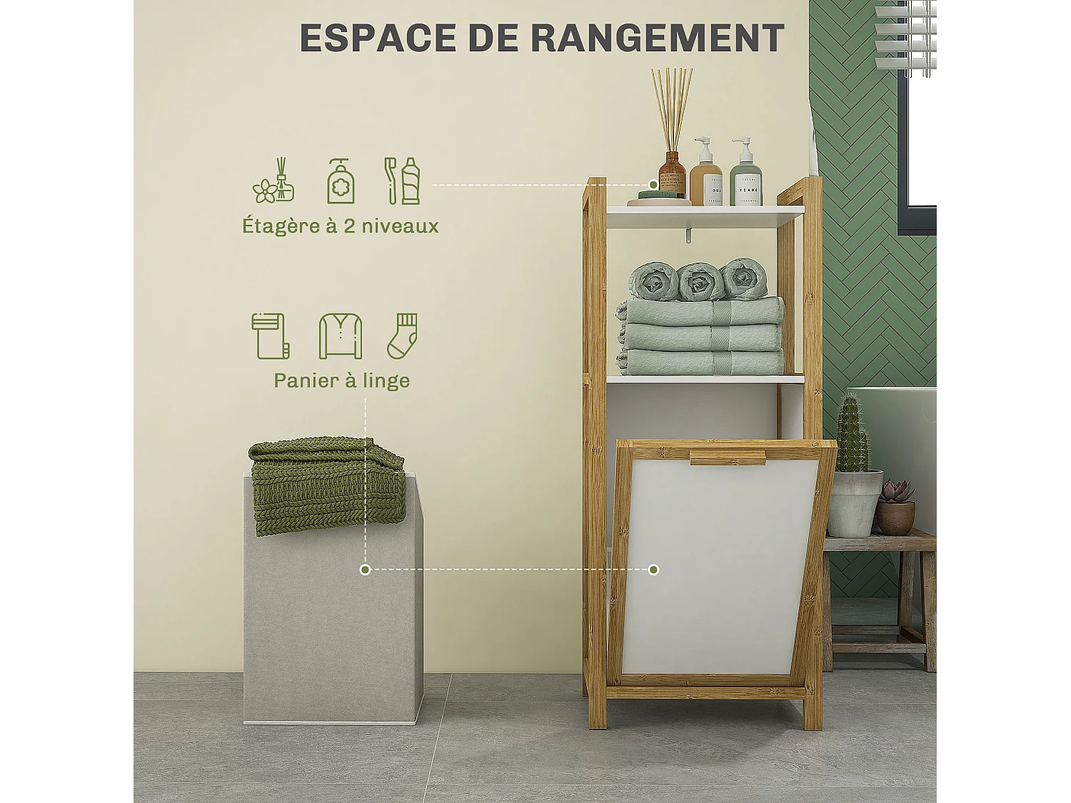 Meuble bas de salle de bain sur pied - 2 étagères, panier à linge - dim. 40L x 30l x 86,5H cm - bambou MDF blanc