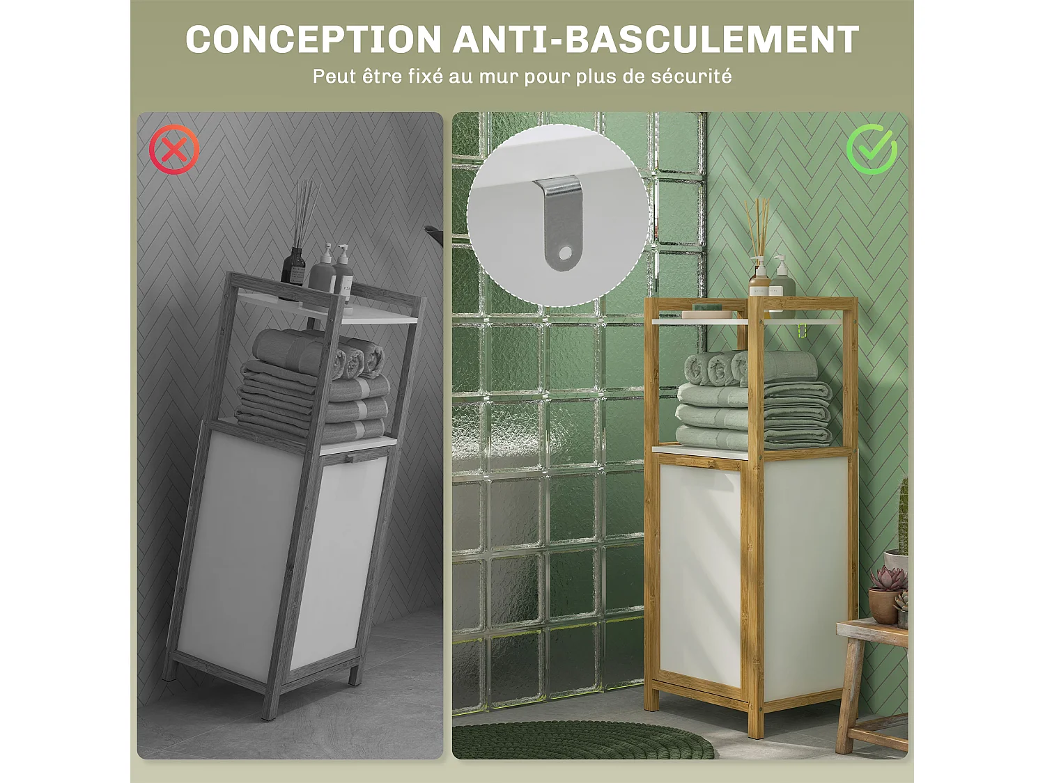 Meuble bas de salle de bain sur pied - 2 étagères, panier à linge - dim. 40L x 30l x 86,5H cm - bambou MDF blanc