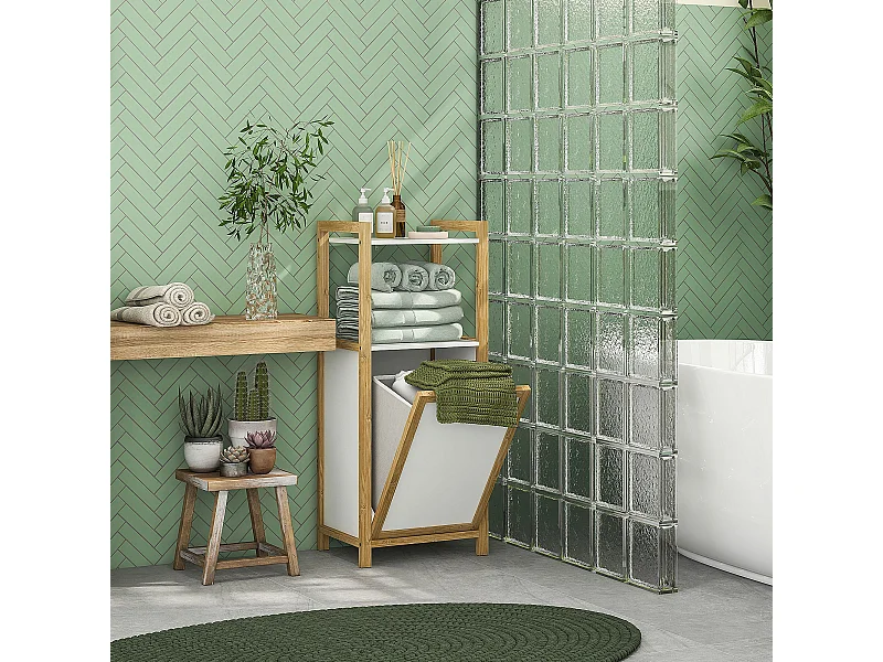 Meuble bas de salle de bain sur pied - 2 étagères, panier à linge - dim. 40L x 30l x 86,5H cm - bambou MDF blanc