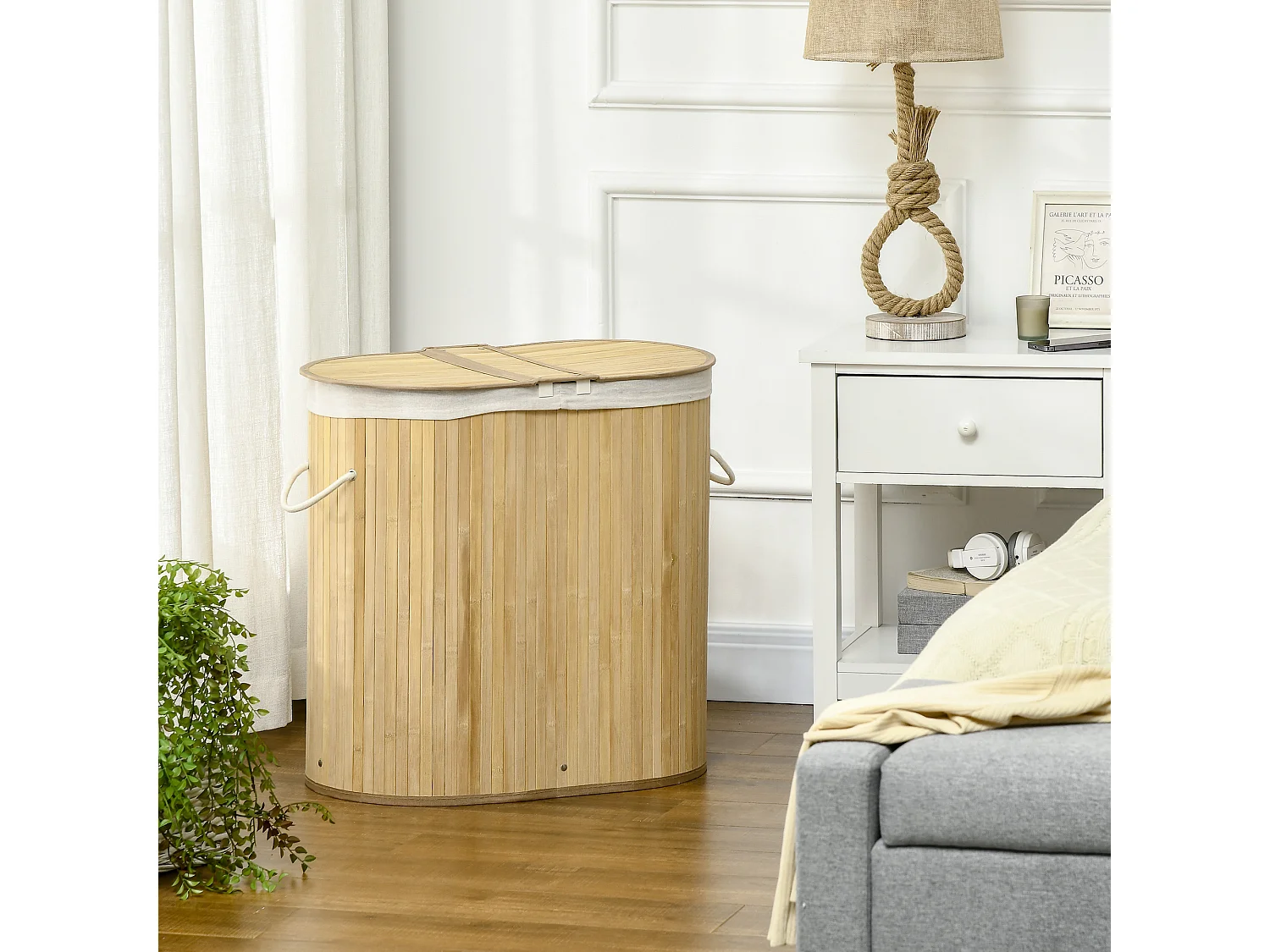 Panier à linge corbeille à linge bac à linge 100 L 2 compartiments couvercle sac amovible 2 poignées tissu bambou