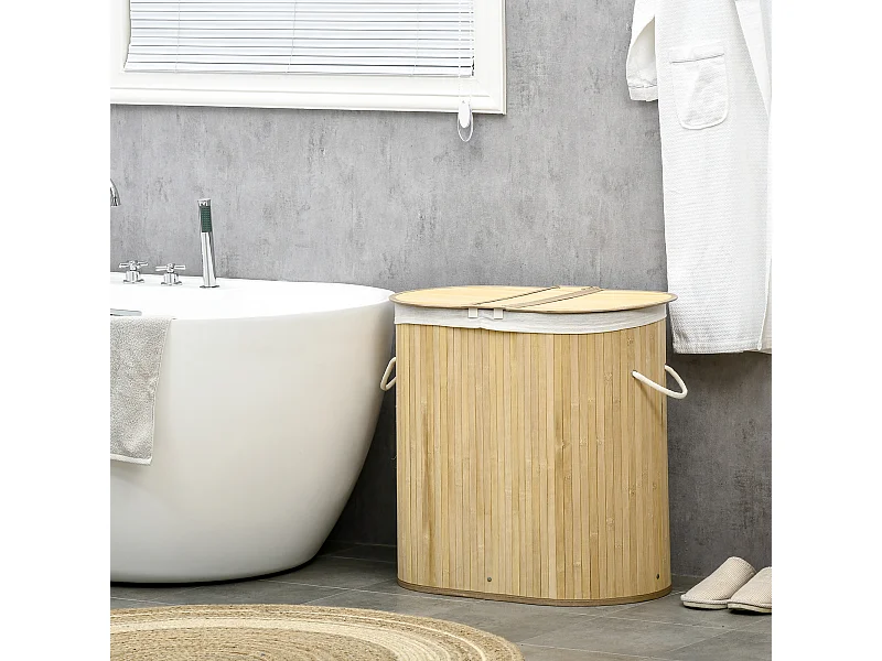 Panier à linge corbeille à linge bac à linge 100 L 2 compartiments couvercle sac amovible 2 poignées tissu bambou