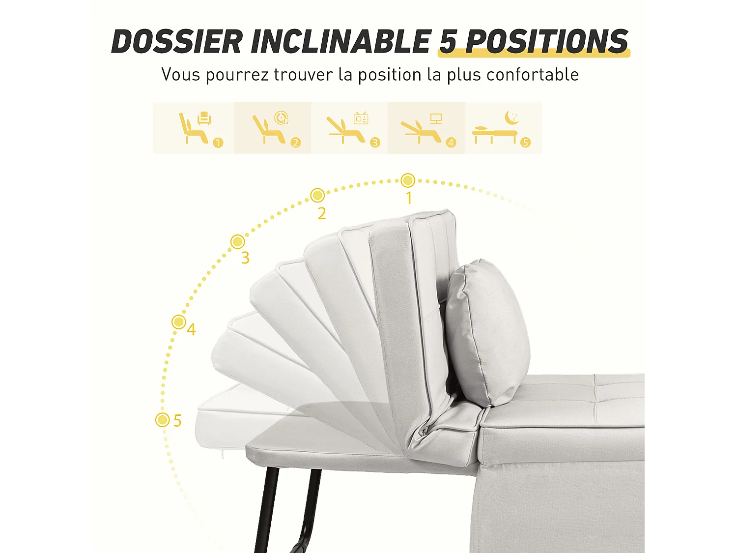 Fauteuil chauffeuse chaise longue pouf 3 en 1 dossier inclinable 5 niveaux repose-pied rabattable châssis métal noir lin crème