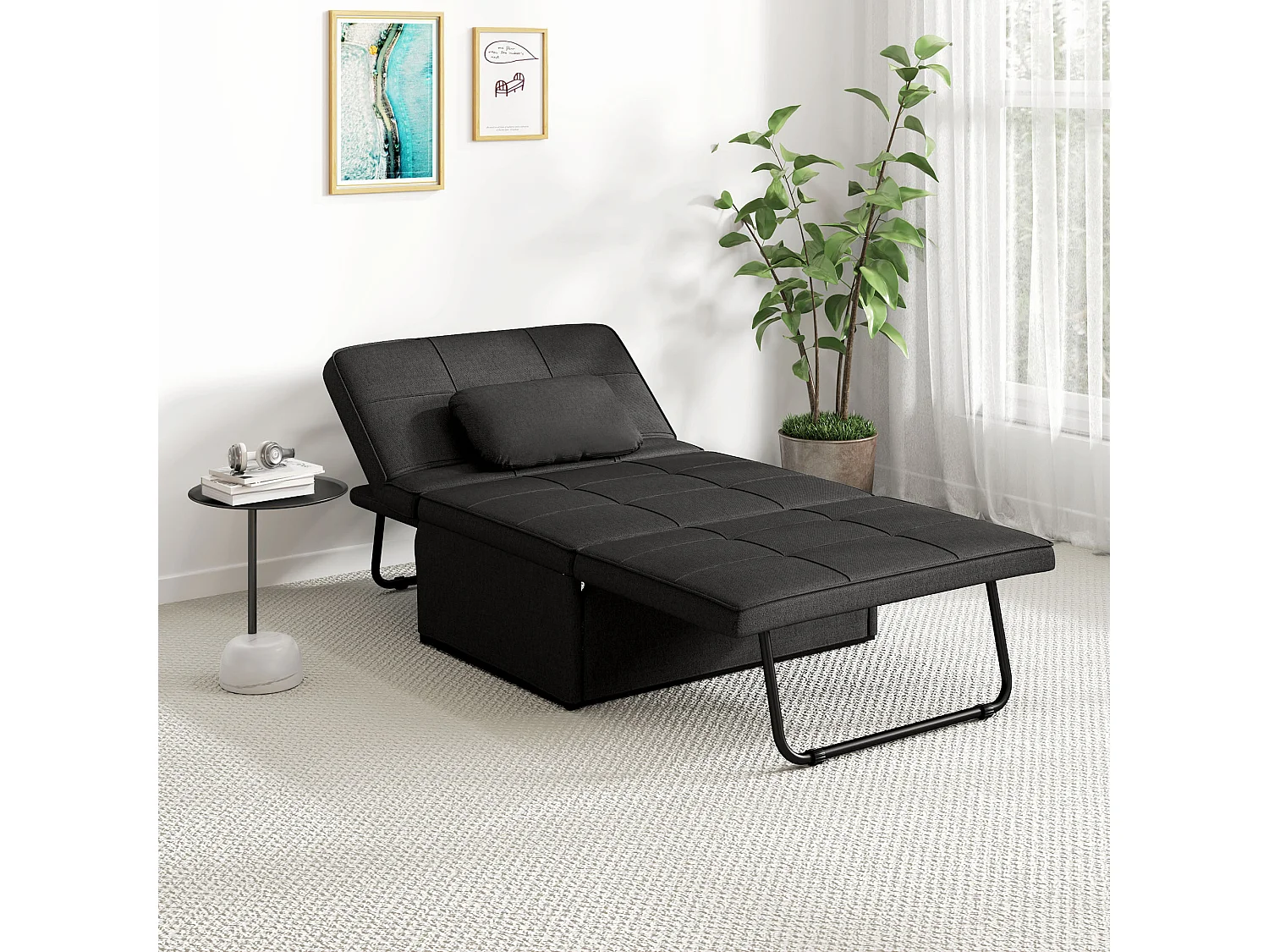 Fauteuil chauffeuse chaise longue pouf 3 en 1 dossier inclinable 5 niveaux repose-pied rabattable châssis métal noir lin noir