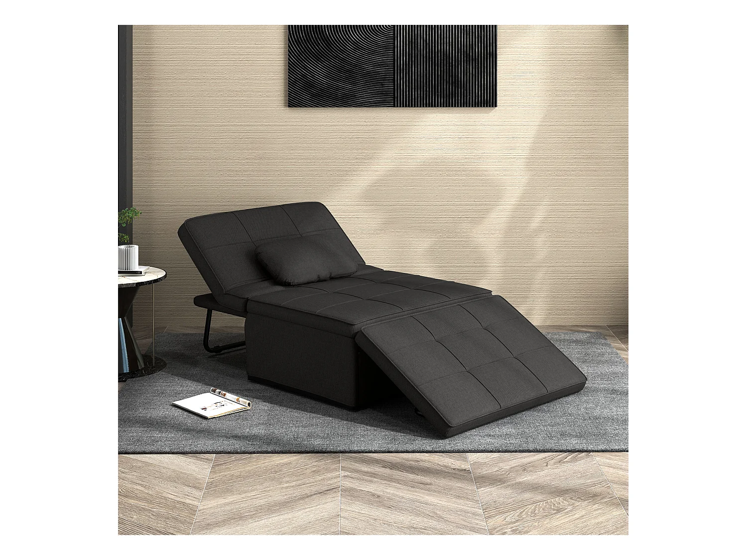 Fauteuil chauffeuse chaise longue pouf 3 en 1 dossier inclinable 5 niveaux repose-pied rabattable châssis métal noir lin noir