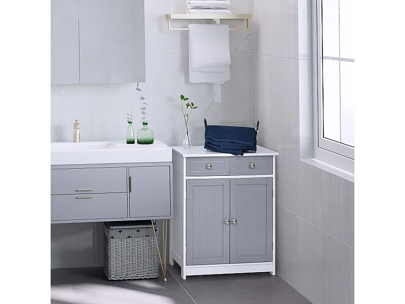 Meuble bas salle de bain - 2 portes, 2 tiroirs, étagère - poignées boutons métal - MDF blanc gris