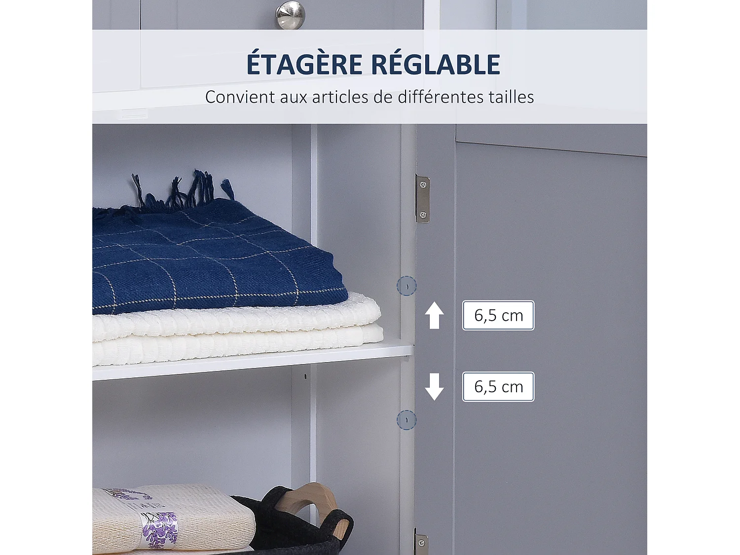 Meuble bas salle de bain - 2 portes, 2 tiroirs, étagère - poignées boutons métal - MDF blanc gris