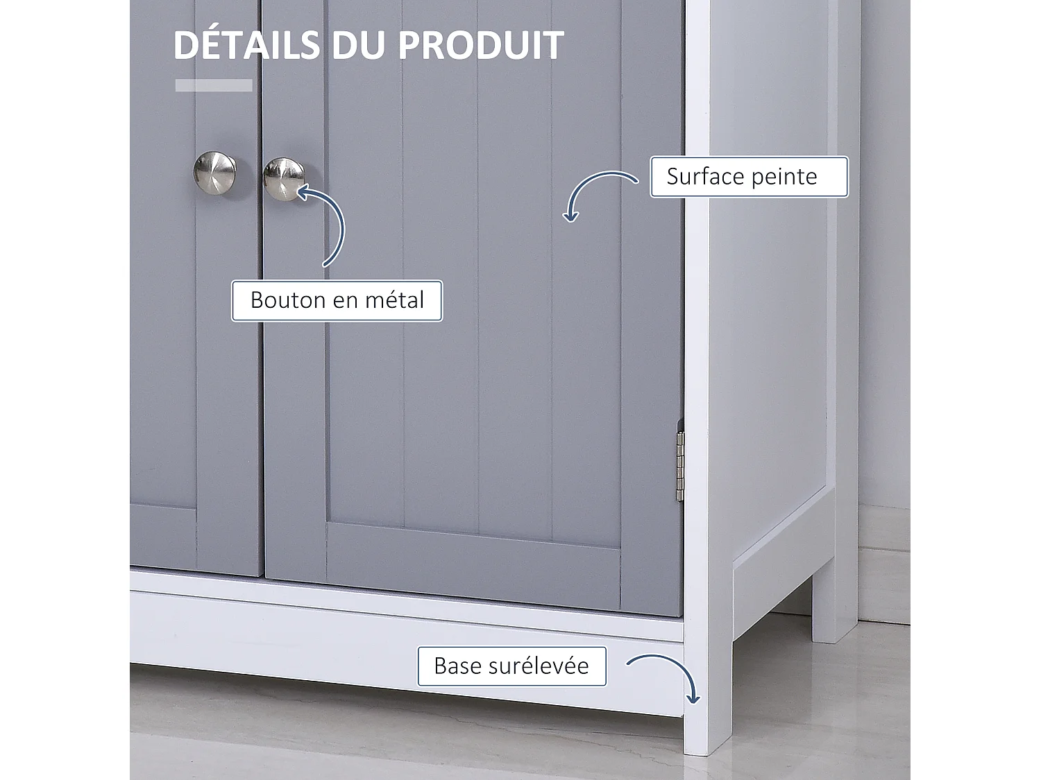 Meuble bas salle de bain - 2 portes, 2 tiroirs, étagère - poignées boutons métal - MDF blanc gris