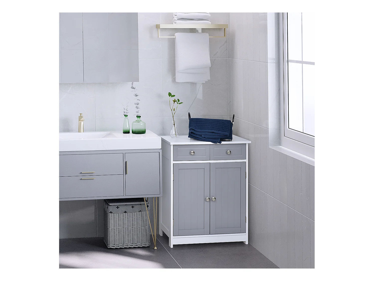 Meuble bas salle de bain - 2 portes, 2 tiroirs, étagère - poignées boutons métal - MDF blanc gris