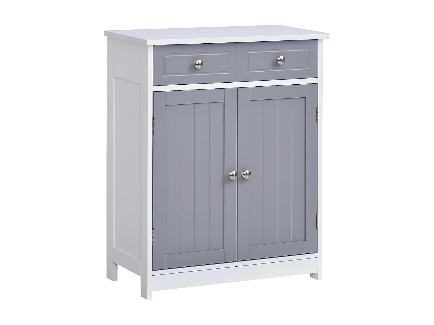 Meuble bas salle de bain - 2 portes, 2 tiroirs, étagère - poignées boutons métal - MDF blanc gris