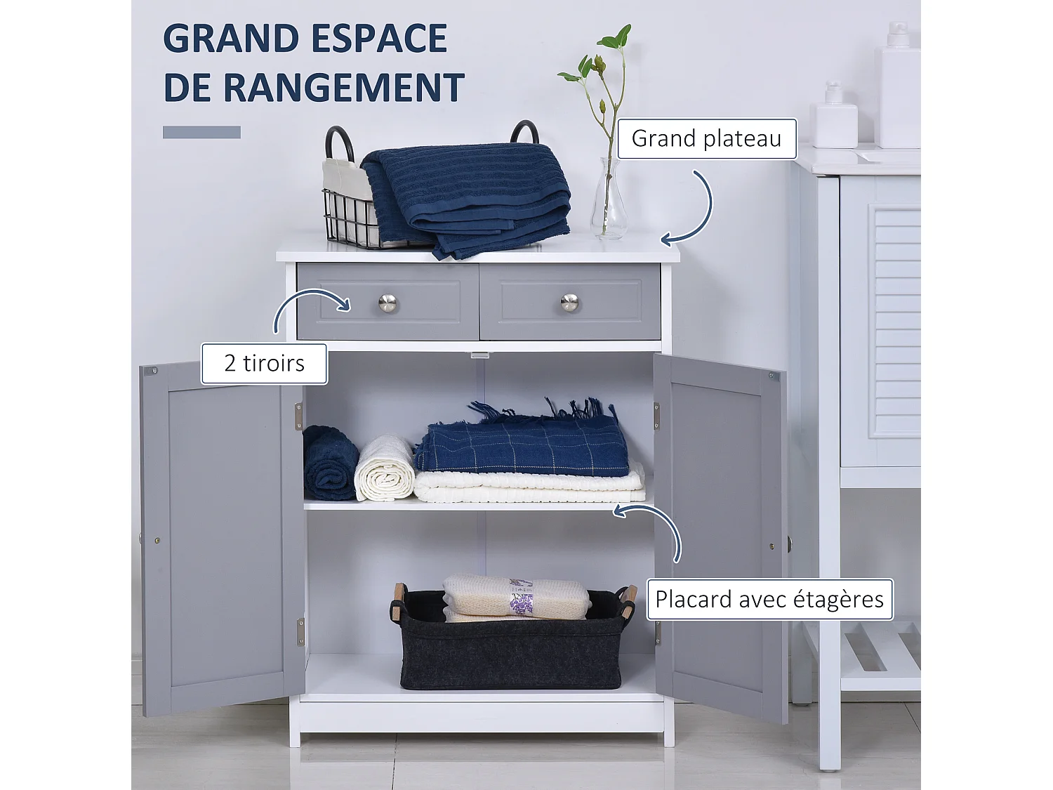 Meuble bas salle de bain - 2 portes, 2 tiroirs, étagère - poignées boutons métal - MDF blanc gris