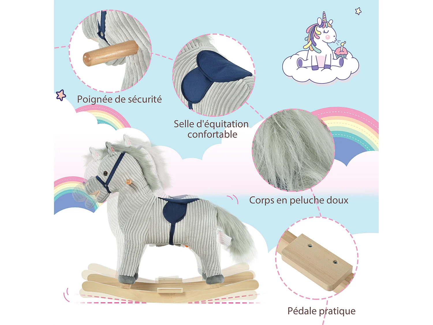 Cheval à bascule enfant style nordique - poignées, repose-pieds - effets sonores - selle bleu tissu côtelé gris