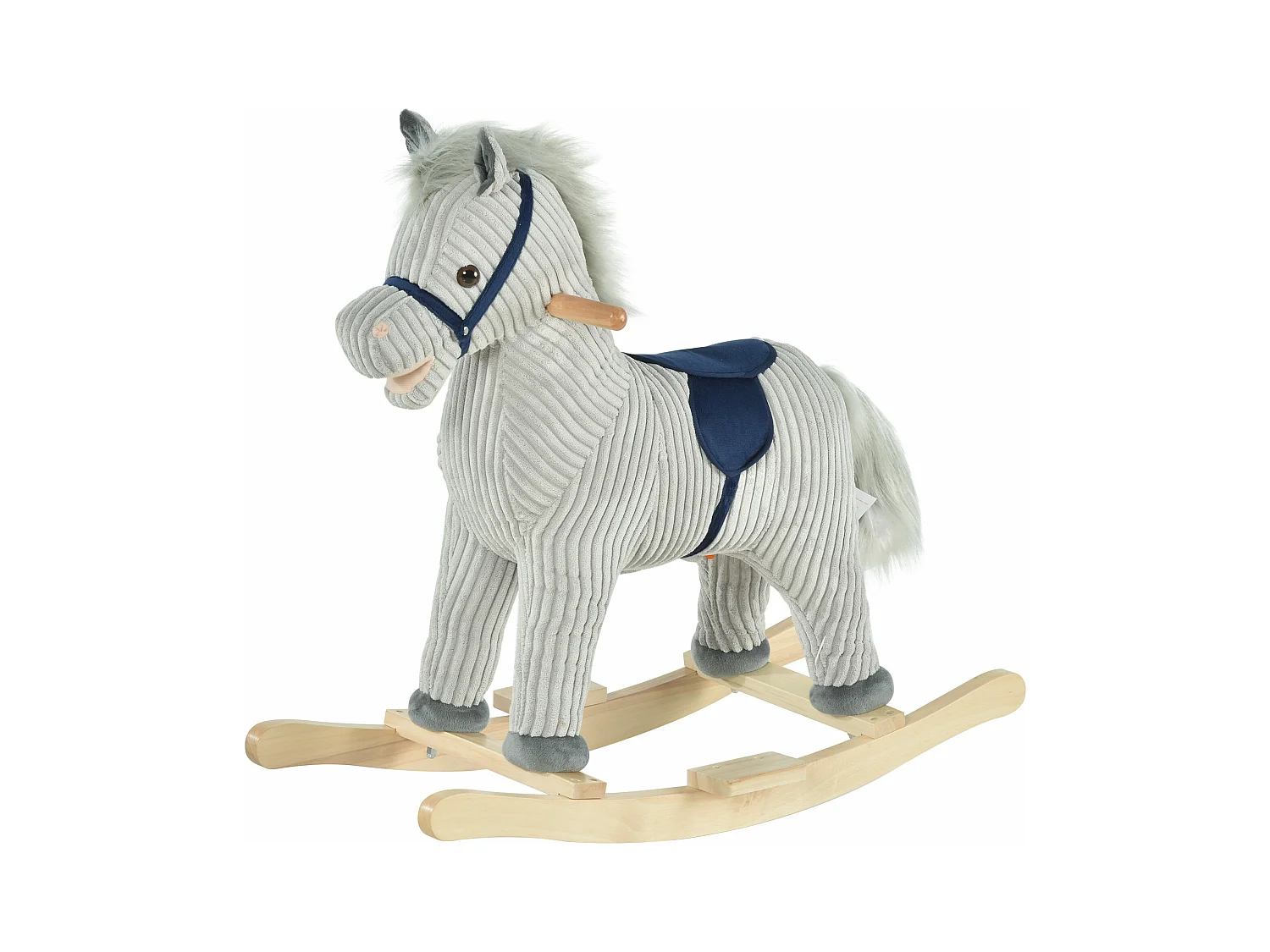 Cheval à bascule enfant style nordique - poignées, repose-pieds - effets sonores - selle bleu tissu côtelé gris
