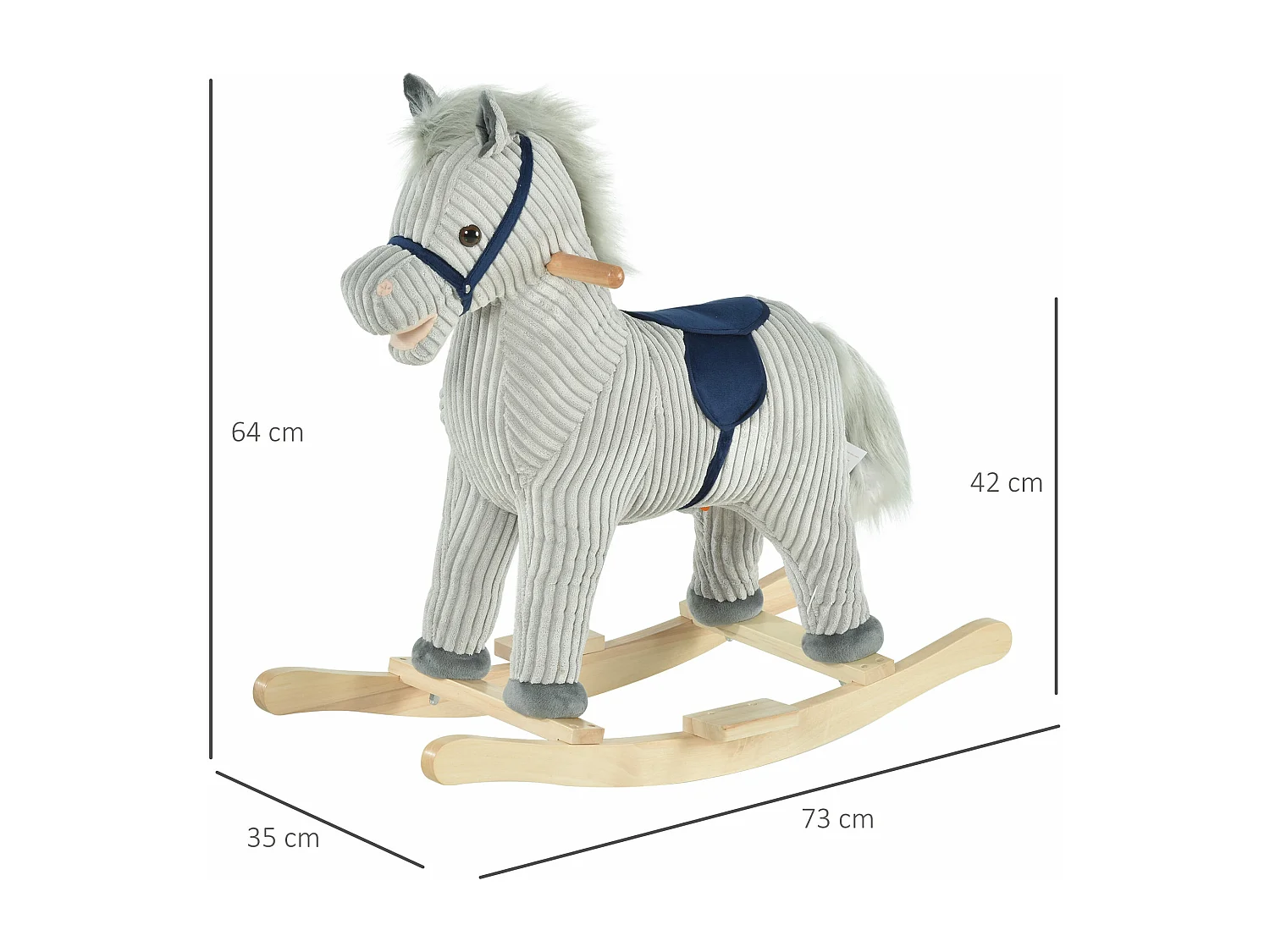 Cheval à bascule enfant style nordique - poignées, repose-pieds - effets sonores - selle bleu tissu côtelé gris