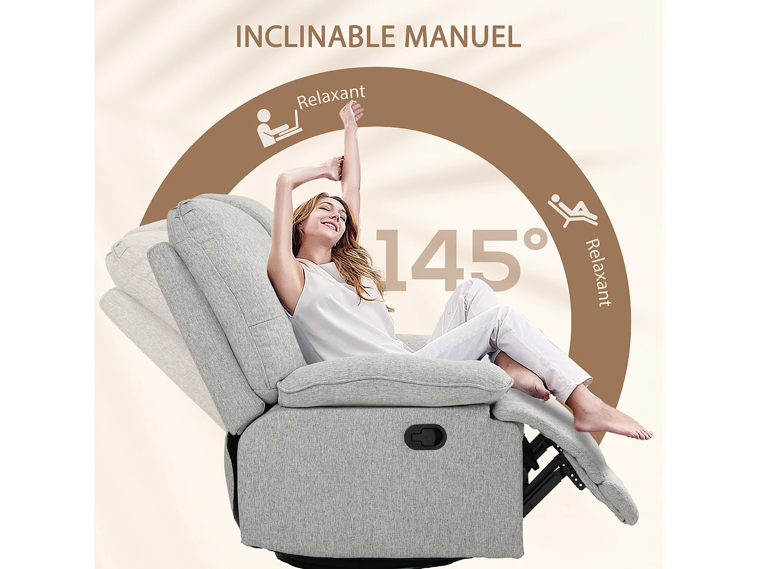 Fauteuil relax inclinable réglable repose-pied intégré tissu toucher lin gris clair