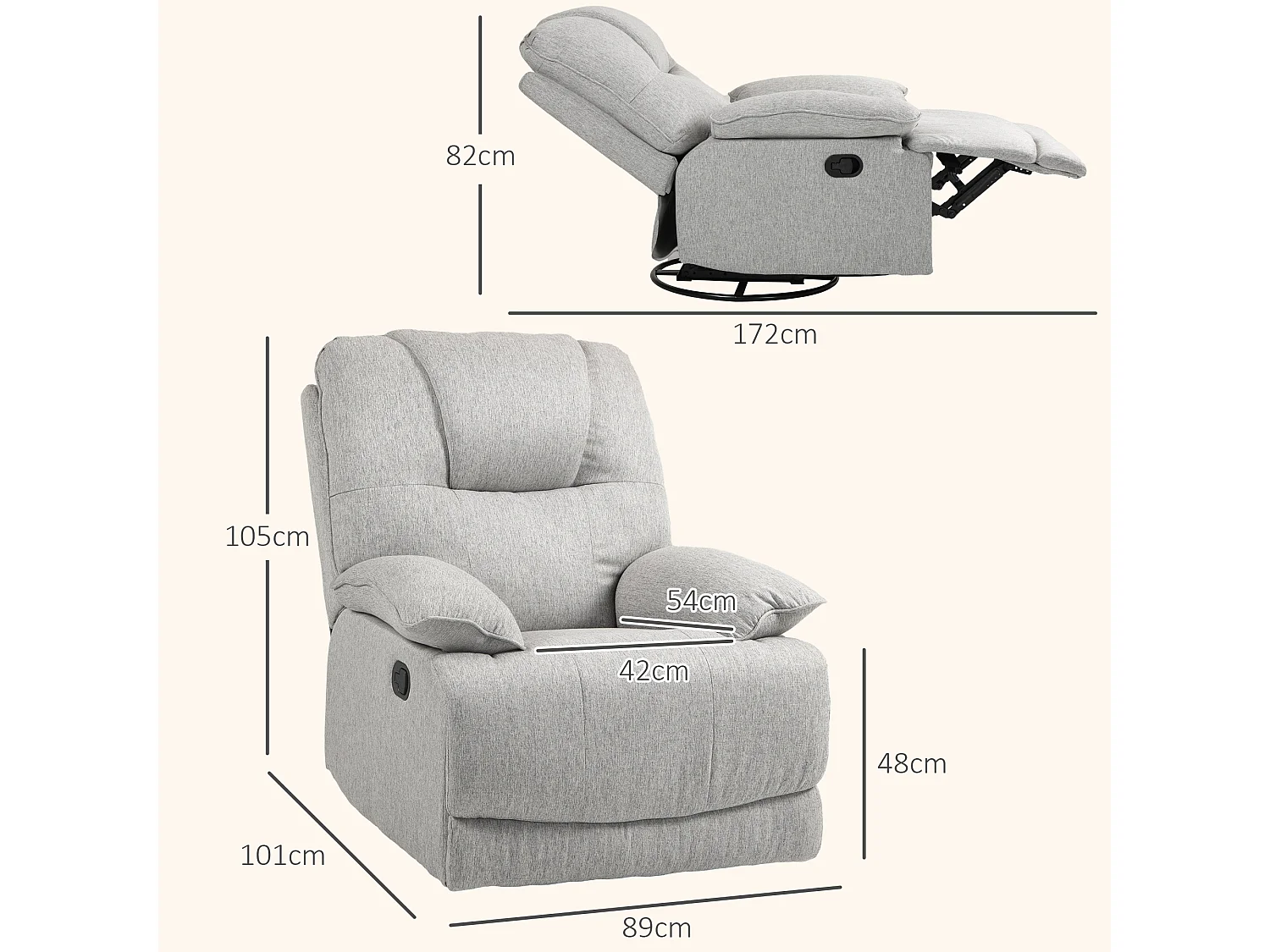Fauteuil relax inclinable réglable repose-pied intégré tissu toucher lin gris clair