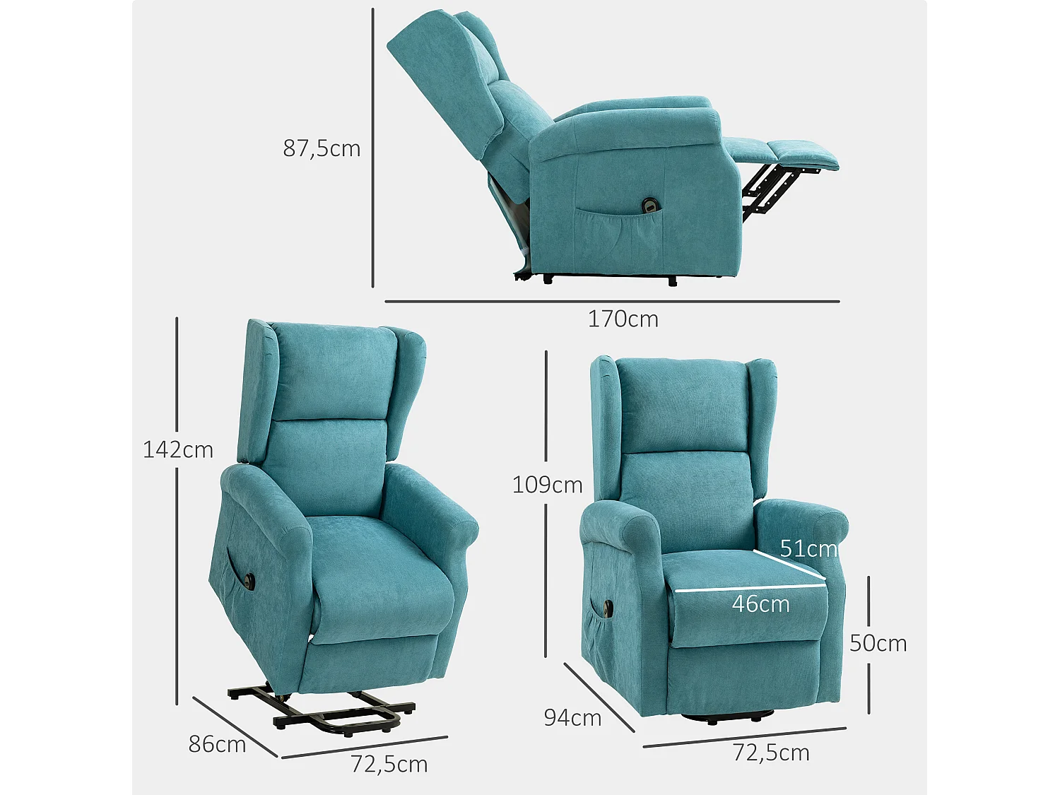 Fauteuil de relaxation électrique fauteuil releveur inclinable avec repose-pied ajustable lin bleu