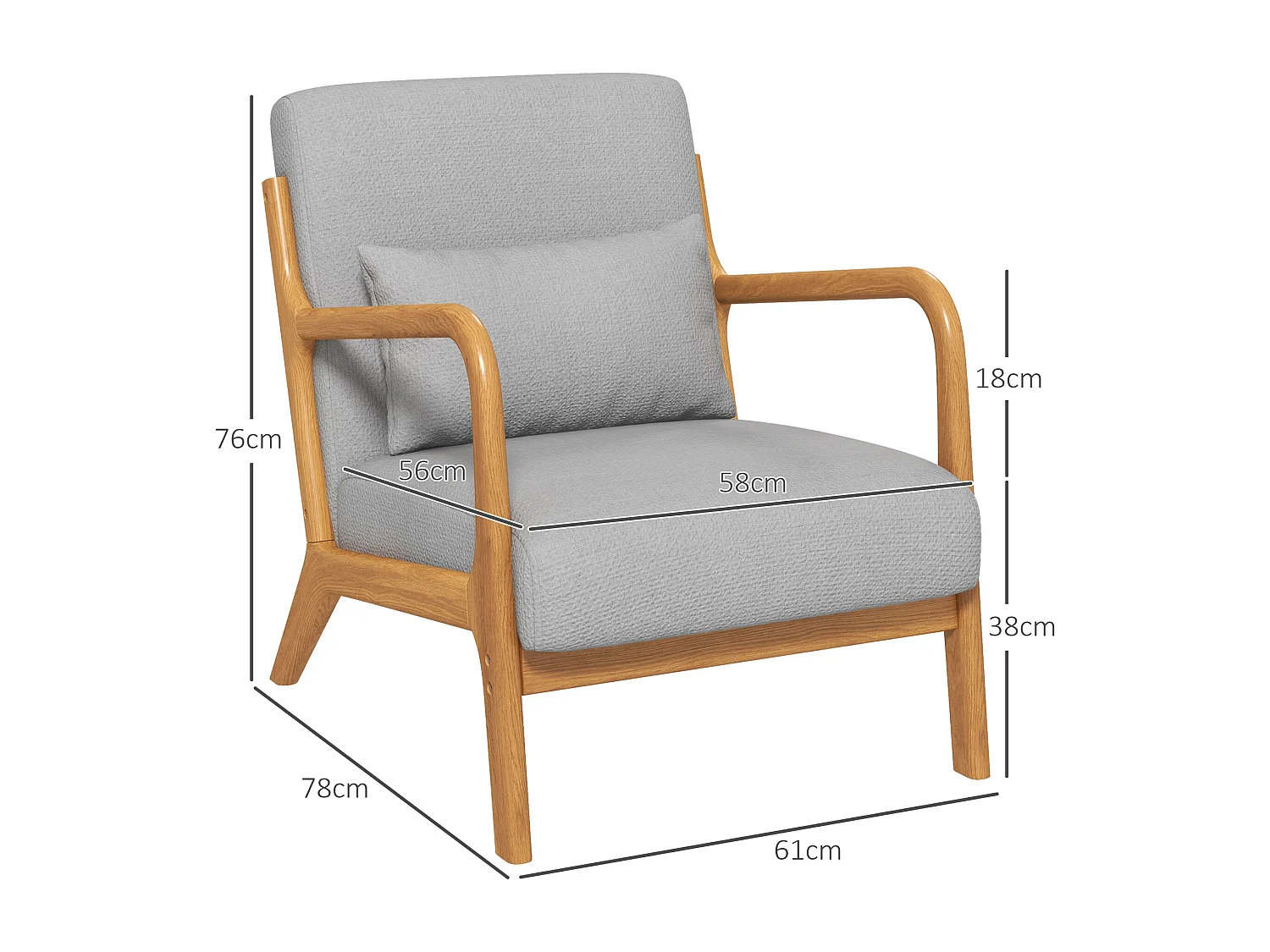 Fauteuil lounge - 3 coussins inclus - assise profonde - accoudoirs - structure bois hévéa - aspect lin gris