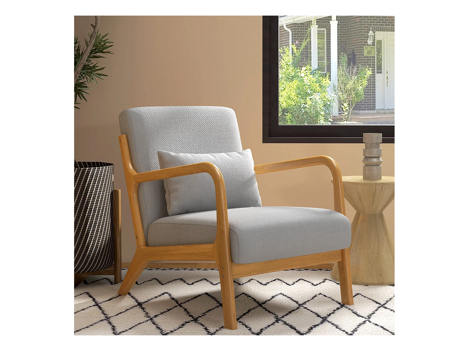 Fauteuil lounge - 3 coussins inclus - assise profonde - accoudoirs - structure bois hévéa - aspect lin gris