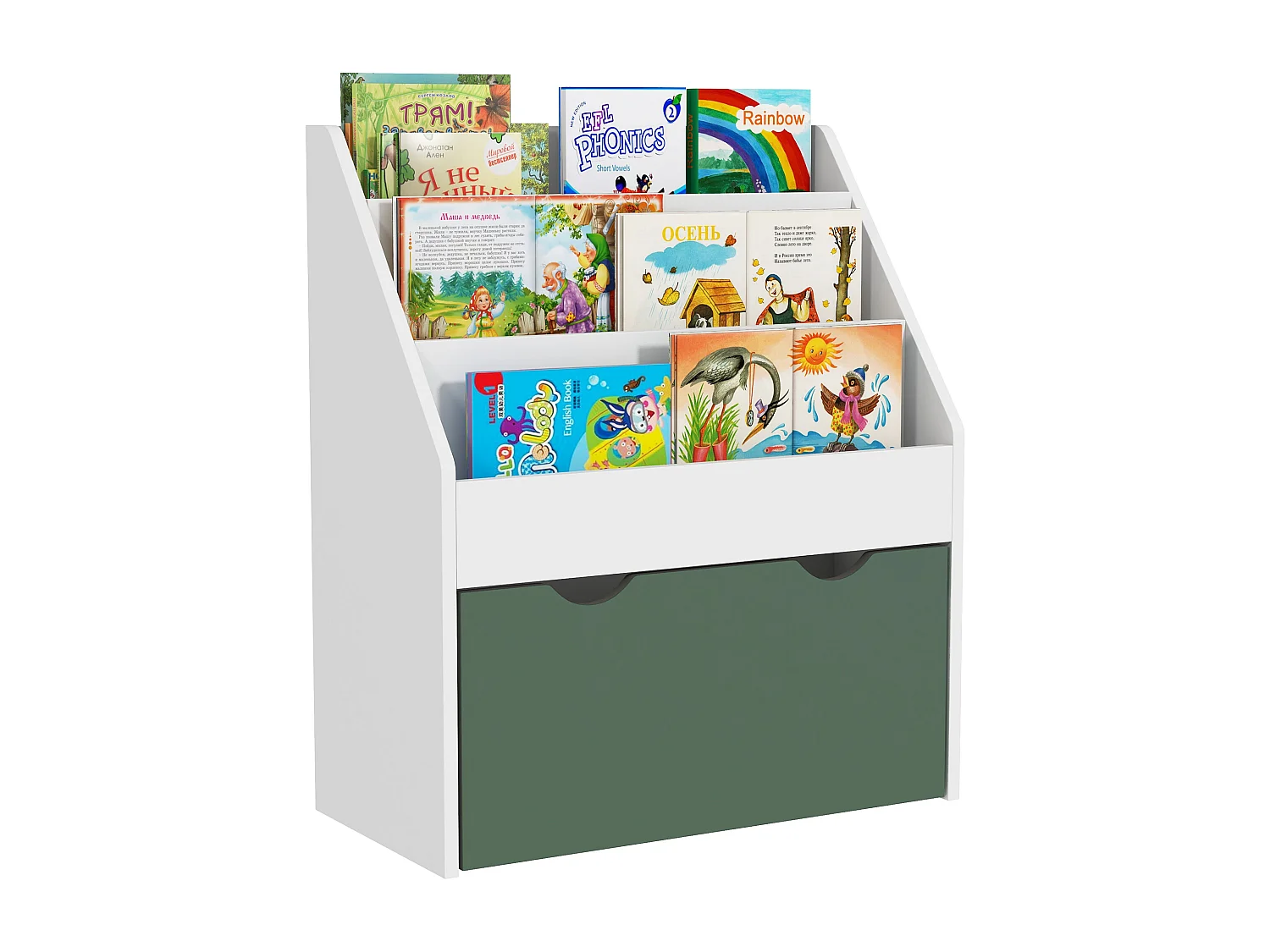 Bibliothèque étagère multi-rangement enfant - 3 étagères, grand tiroir - MDF blanc vert