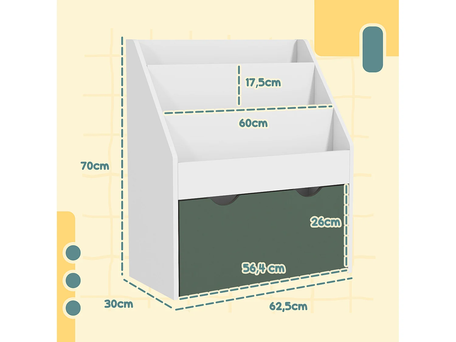 Bibliothèque étagère multi-rangement enfant - 3 étagères, grand tiroir - MDF blanc vert