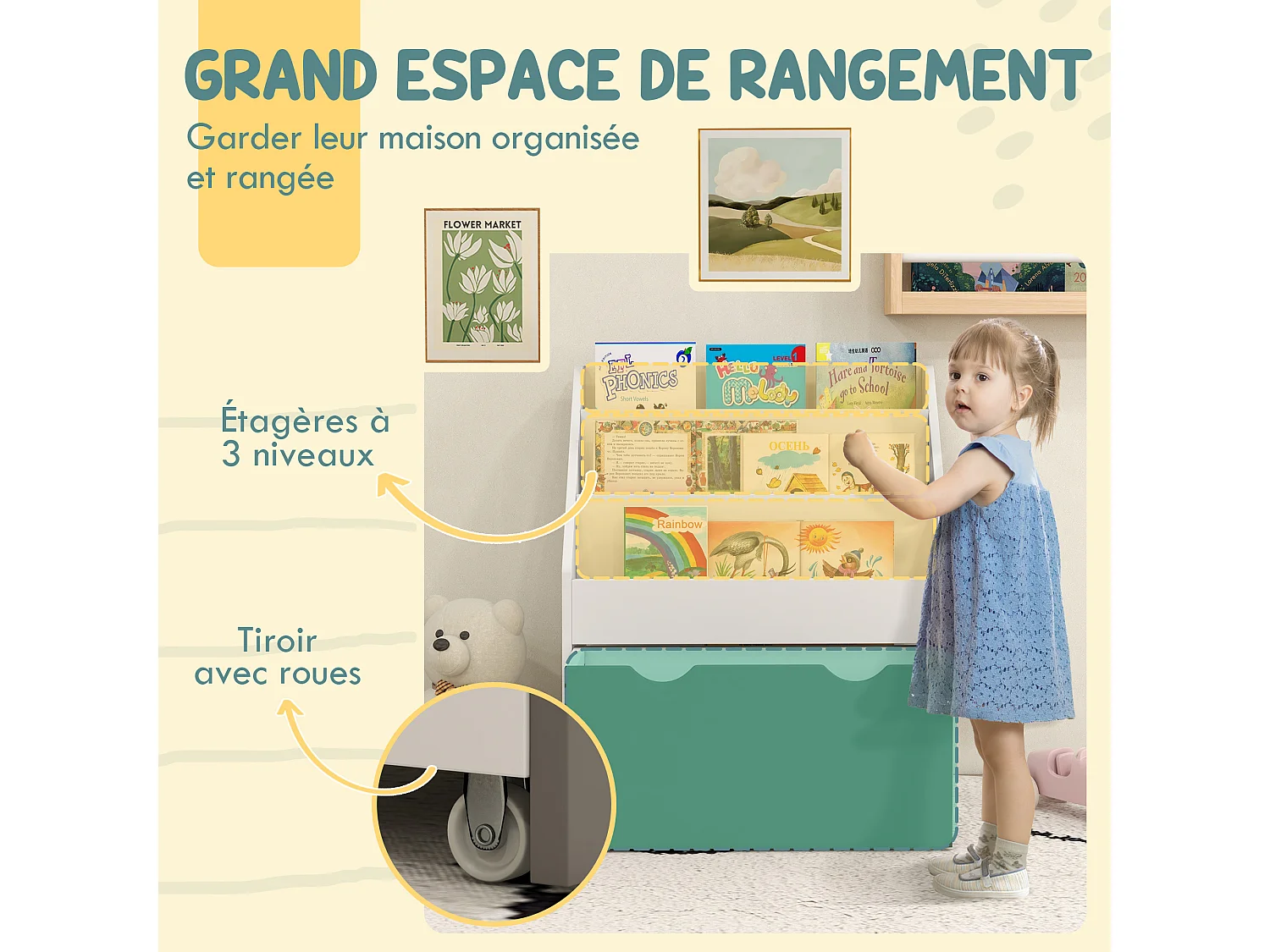 Bibliothèque étagère multi-rangement enfant - 3 étagères, grand tiroir - MDF blanc vert