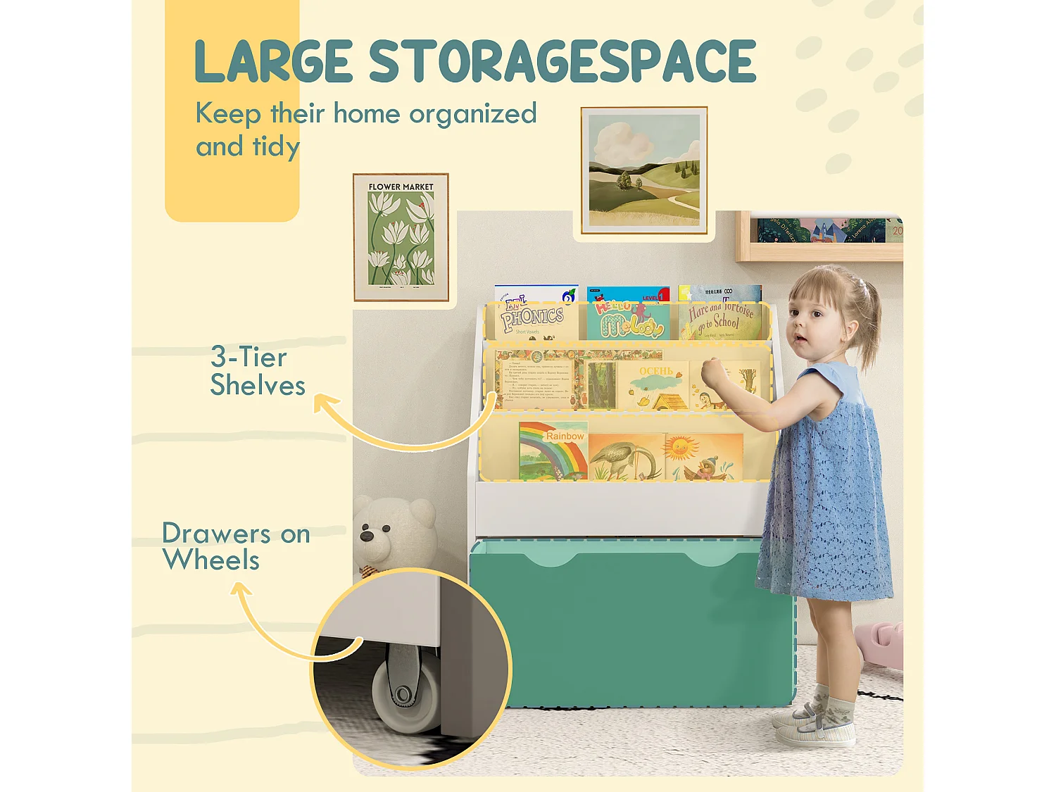 Bibliothèque étagère multi-rangement enfant - 3 étagères, grand tiroir - MDF blanc vert