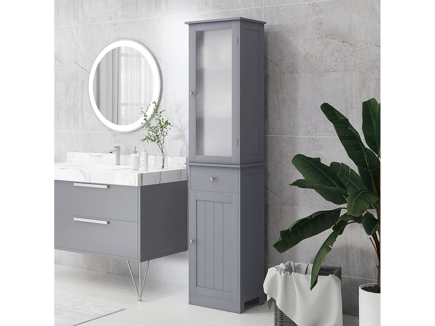 Meuble colonne de salle de bain placard porte acrylique 2 étagères placard porte 1 étagère tiroir MDF gris