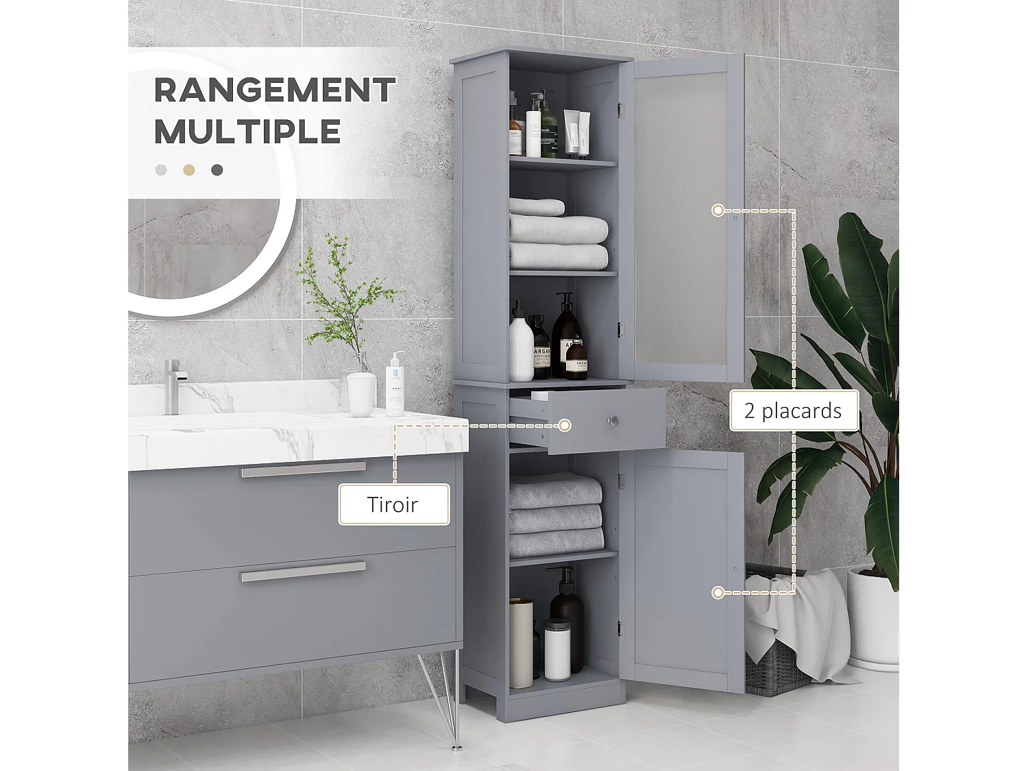Meuble colonne de salle de bain placard porte acrylique 2 étagères placard porte 1 étagère tiroir MDF gris