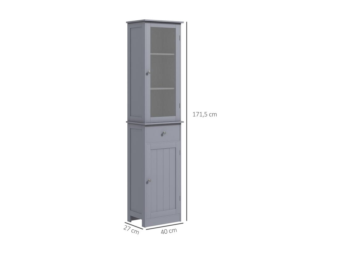 vente unique Meuble colonne de salle de bain placard porte acrylique 2 étagères placard porte 1 étagère tiroir MDF gris