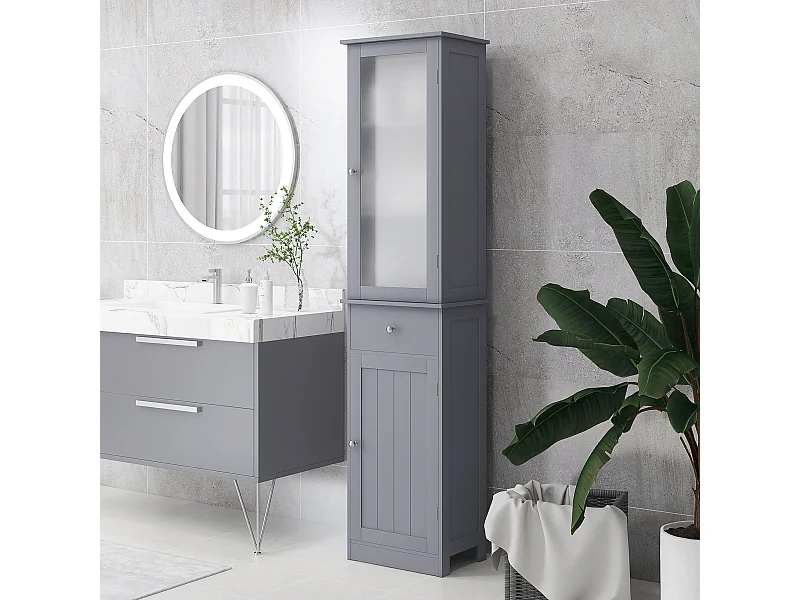 Meuble colonne de salle de bain placard porte acrylique 2 étagères placard porte 1 étagère tiroir MDF gris