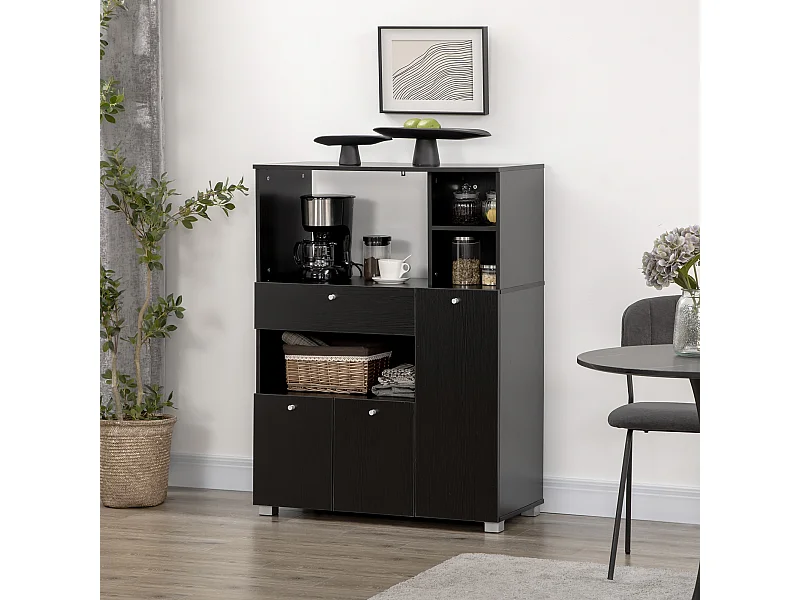 Meuble de cuisine multi-rangements 2 placards 4 niches tiroir coulissant dim. 90L x 40l x 120H cm panneaux particules noir