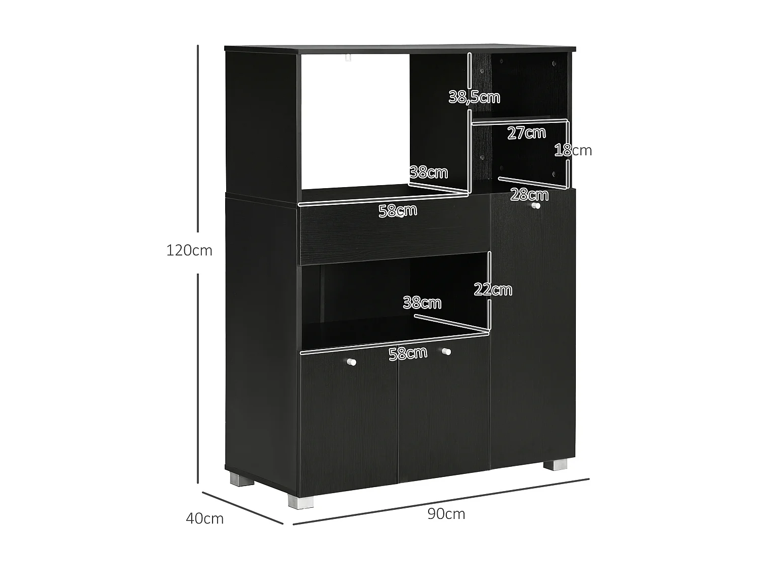 Meuble de cuisine multi-rangements 2 placards 4 niches tiroir coulissant dim. 90L x 40l x 120H cm panneaux particules noir