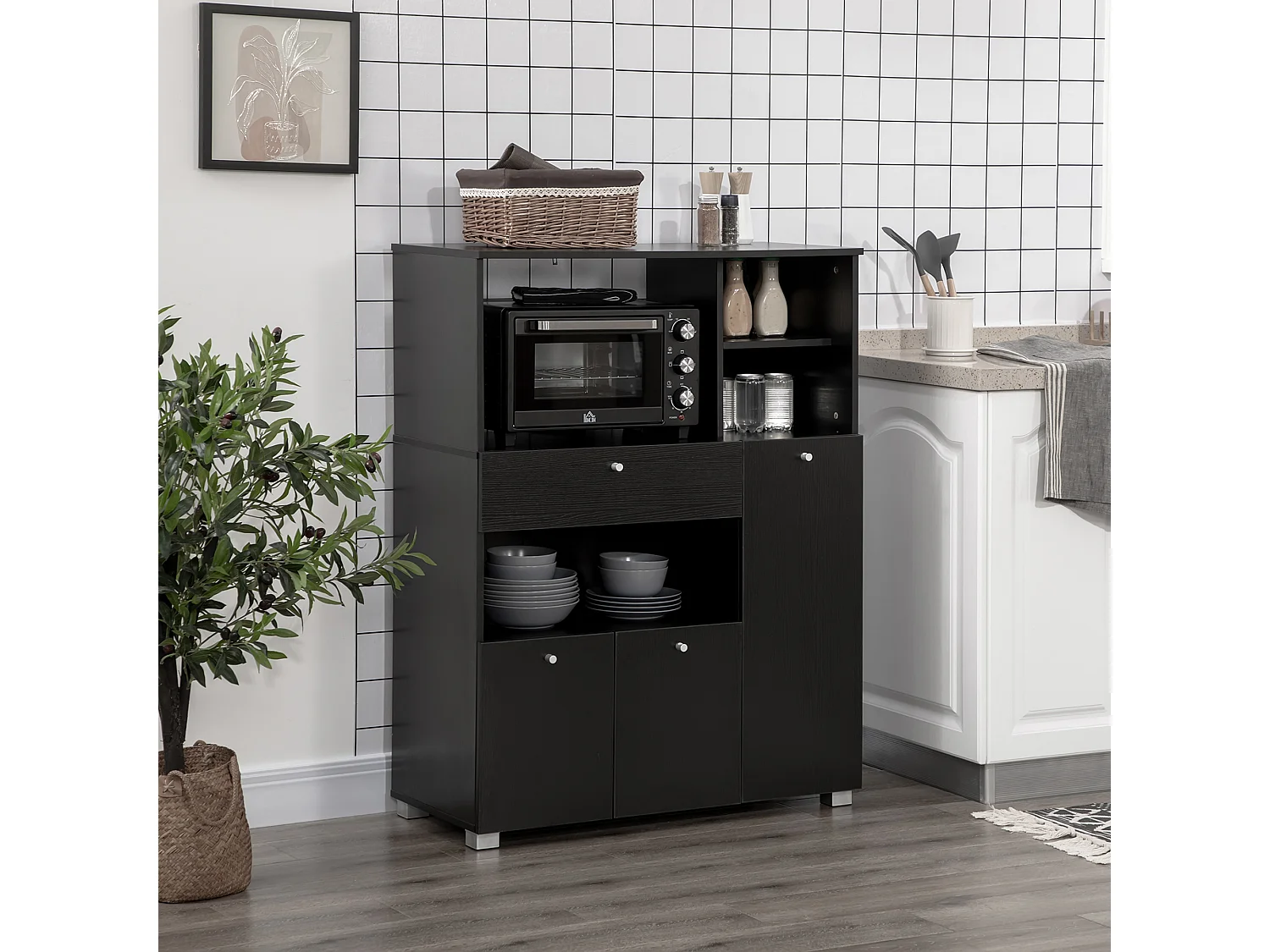 Meuble de cuisine multi-rangements 2 placards 4 niches tiroir coulissant dim. 90L x 40l x 120H cm panneaux particules noir