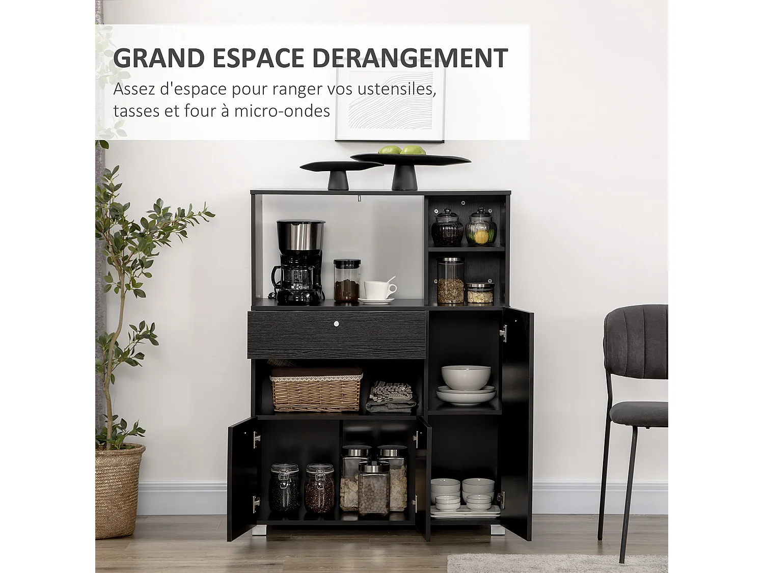 Meuble de cuisine multi-rangements 2 placards 4 niches tiroir coulissant dim. 90L x 40l x 120H cm panneaux particules noir