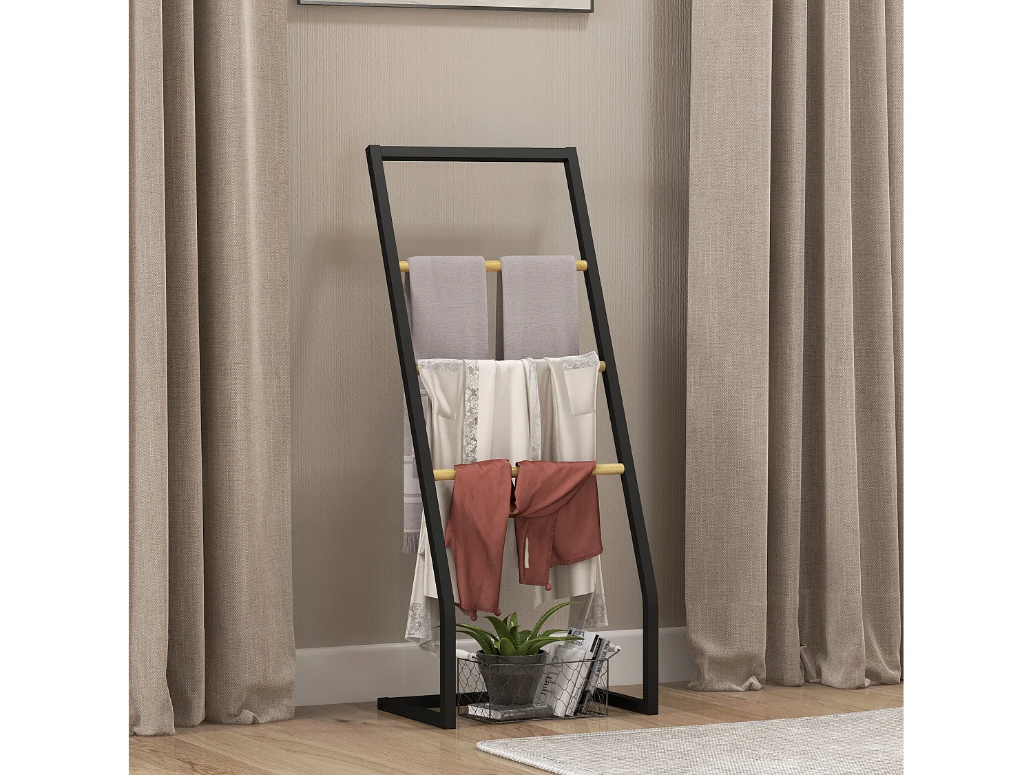 Porte-serviettes sur pieds en bambou et acier avec 4 barres support 40,5L x 28l x 98H cm - noir et naturel