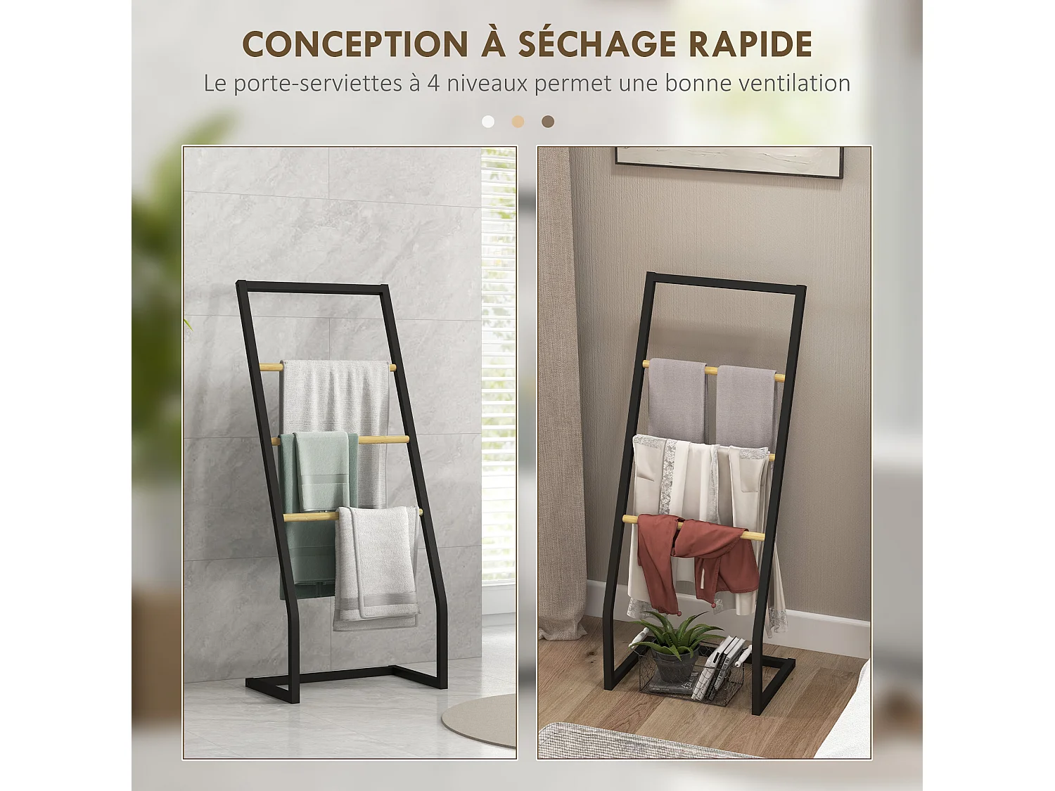 Porte-serviettes sur pieds en bambou et acier avec 4 barres support 40,5L x 28l x 98H cm - noir et naturel